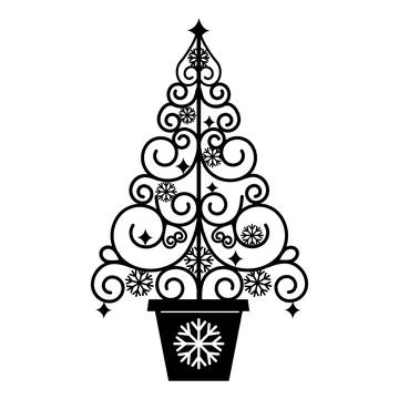 Openwork Christmas tree, black stencil, vector isolated illustration on a whi Stock Illustration