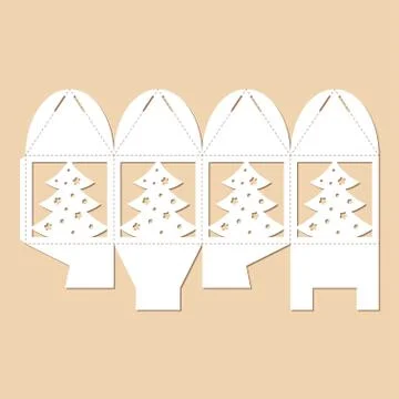 Openwork cube gift box with Cristmas tree. Blueprint of New Year's bonbonnier Stock Illustration