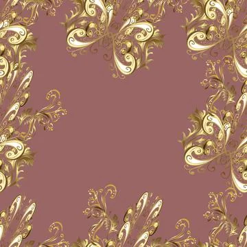 Openwork delicate golden pattern. Seamless pattern on yellow, beige and brown co Ilustración de archivo