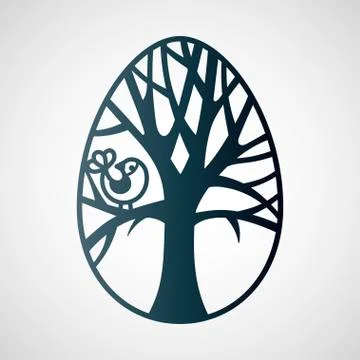 Openwork Easter egg with tree and bird. Laser cutting template. Stock Illustration