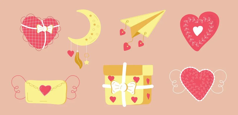 Openwork, fabric heart vector set in doodle syle.Bohemian Pink paper icon hea Stock Illustration