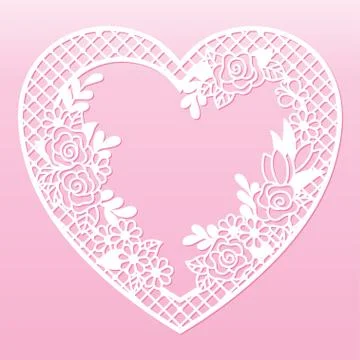 Openwork floral frame in the shape of a heart. Laser cutting template. Stock Illustration