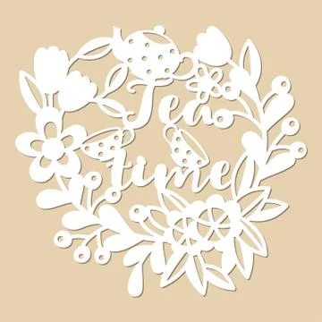 Openwork floral pattern with tea pot and cups. Hand-written inscription Tea t Stock Illustration