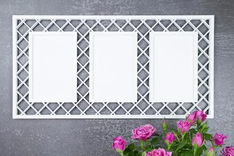 Openwork frame with 3 windows and a bouquet of roses on a dark background for Stock Photos