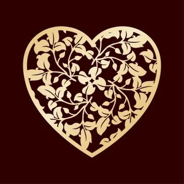 Openwork golden heart with leaves. Vector decorative element. Laser cutting o Stock Illustration
