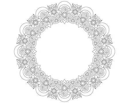 Openwork round frame with gems, Celtic symbols, moons and plants - vector linear Stock Illustration