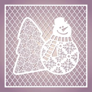 Openwork square card with cute snowman and Christmas tree. Stock Illustration