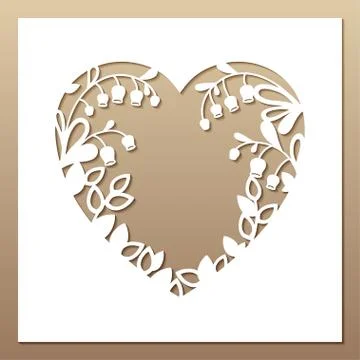 Openwork square card with heart and lilies of the valley. Stock Illustration