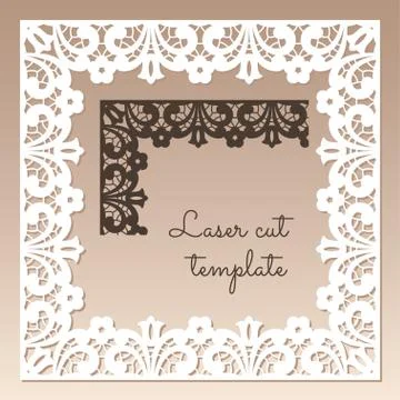 Openwork square frame with floral ethnic pattern. Laser cutting template. Stock Illustration