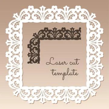 Openwork square frame with floral ethnic pattern. Laser cutting template. Stock Illustration