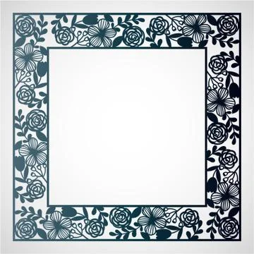 Openwork square frame with floral pattern. Laser cutting template. Stock Illustration