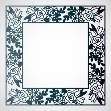 Openwork square frame with floral pattern. Laser cutting template. Stock Illustration