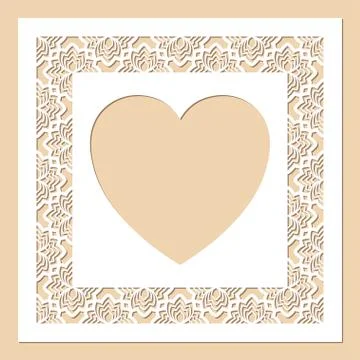 Openwork square frame with flowers and heart inside. Laser cutting template. Stock Illustration