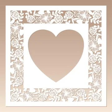 Openwork square frame with flowers and heart inside. Laser cutting template. Stock Illustration