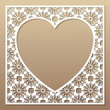 Openwork square frame with heart. Laser cutting template. Stock Illustration
