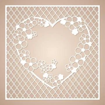 Openwork square frame with wreath of flowers in the shape of a heart. Stock Illustration