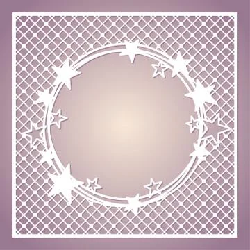 Openwork square frame with wreath of stars. Laser cutting template. Stock Illustration