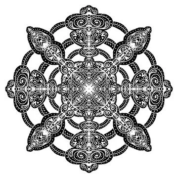 Openwork stylized snowflake with a pattern, mandala, kaleidoscope. Linocut, g Illustrazione stock