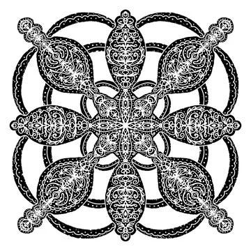 Openwork stylized snowflake with a pattern, mandala, kaleidoscope. Linocut, g Stock Illustration