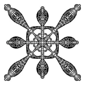 Openwork stylized snowflake with a pattern, mandala, kaleidoscope. Linocut, g Illustrazione stock