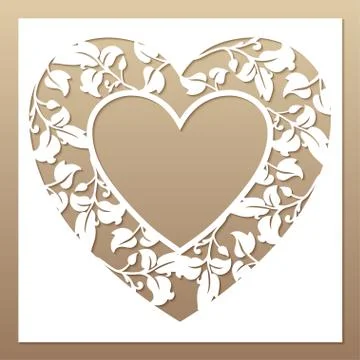 Openwork white frame with heart and leaves. Laser cutting template. Stock Illustration
