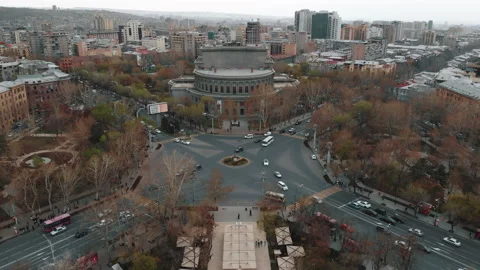 Opera and Ballet House with spring tree and car square and road. Aerial view. Stock Footage 177942827