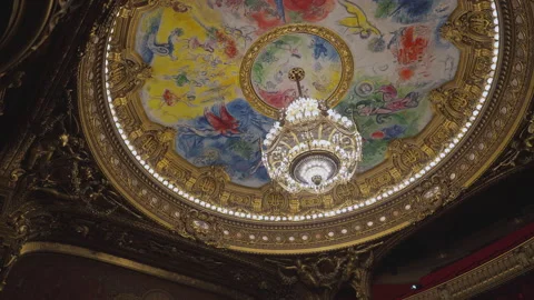Opera Garnier chandelier and Chagall ceiling painting in Paris, 4K 库存影片 344972893
