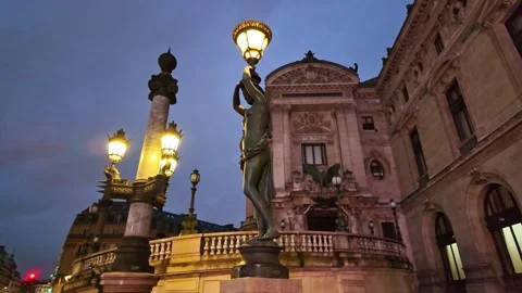 Opera Garnier statue at sunset, Paris in France. Panning Stock Footage 296639653
