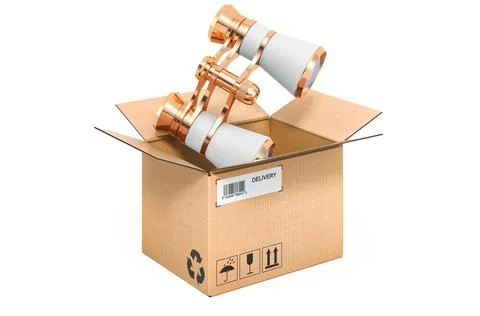 Opera glasses, theater binoculars inside cardboard box, delivery concept. 3D  Illustrazione stock