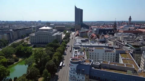 Opera House leipzig, germany showing city hochhaus skyscraper tower and Stock Footage 284246569