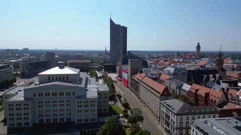 Opera House leipzig, germany showing city hochhaus skyscraper tower and Stock Footage 284295191