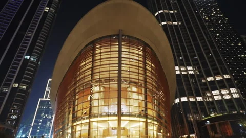 Opera house modern architectural design of a building in Dubai at night, no l Stock Footage 303433775