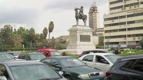 The Opera Square and Equestrian Statue of Ibrahim Pacha in central Cairo Stock Footage 126126265