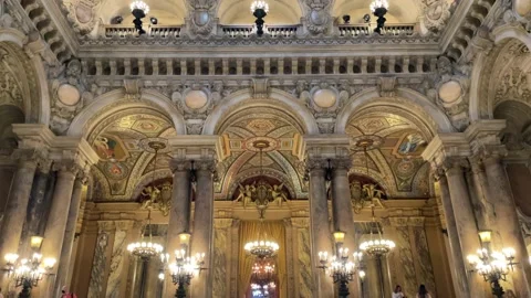 Opera Staircase Hall Ceiling and Balcony Level View, Opéra, Paris, France 4K Stock Footage 160017852