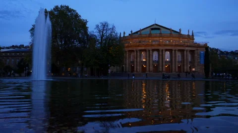 Opera Stuttgart with Fontane and pond in Blue Hour 動画素材 240208652