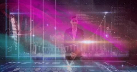 Operating analyst wearing suit analyzing data on console in futuristic hub, with Stock Photos