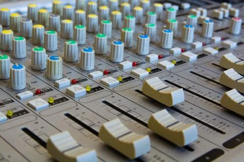 Operating of the Audio Mixer. Close-Up View. Stock Photos