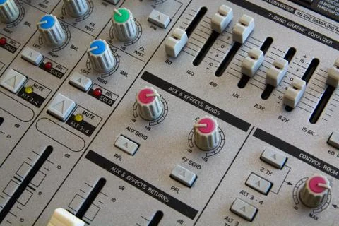 Operating of the Audio Mixer. Close-Up View. Stock Photos