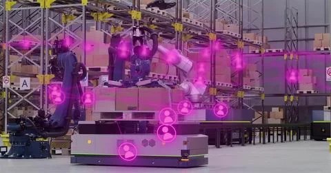 Operating autonomous mobile robot with arms handling pallets in warehouse, Stock Photos