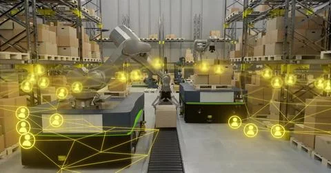 Operating central robotic arm on mobile bot picking box on belt in warehouse 写真素材