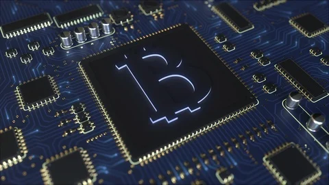 Operating chipset with bitcoin symbol. Mining related conceptual 3D animation Stock Footage 93964746