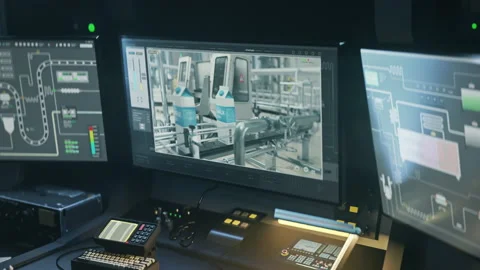 Operating the control panel of the manufacturing equipment at the factory Stock Footage 239625097