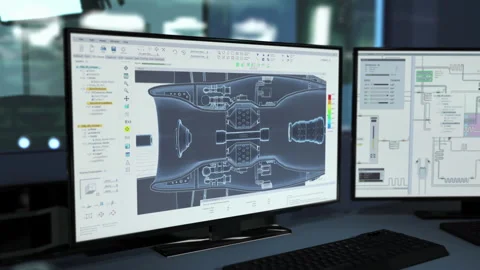 Operating the desktop system for production of the heavy machinery details Stock Footage 277637177