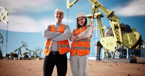 Operating Drill Rig And Pump In Desert - Oil And Gas Industry Engineer. Stock Photos