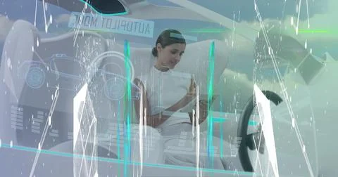 Operating engineer in control seat using holograms in cockpit, digital readouts Stock Photos