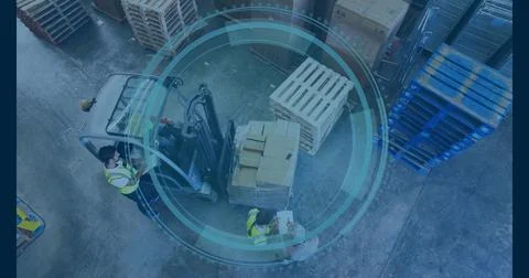 Operating forklift and worker moving pallet with boxes at dock, in vests, Stock Photos