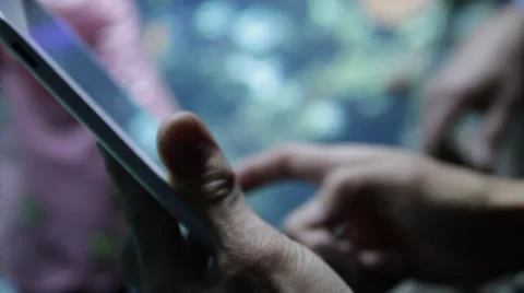 Operating on an I Pad while visiting an Aquarium and People around Stock Footage 36147841