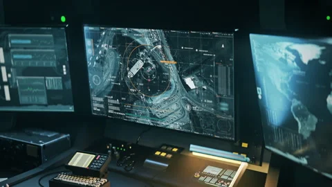 Operating the modern satellite scanner system from the army control room Stockbeeldmateriaal 272767835