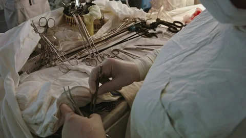Operating. A nurse prepares the tools for surgery. Vídeo Stock 77397580