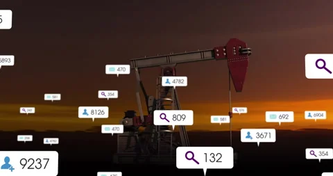 Operating oil pumpjack with digital data icons overlaying in animation scene 스톡 동영상 306217288